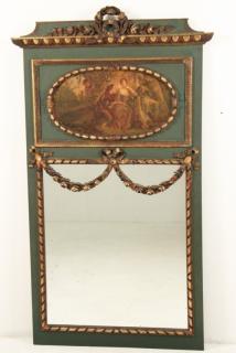 Appraisal: FRENCH POLYCHROME AND CARVED GOLD GILT TRUMEAU MIRROR WITH COURTING