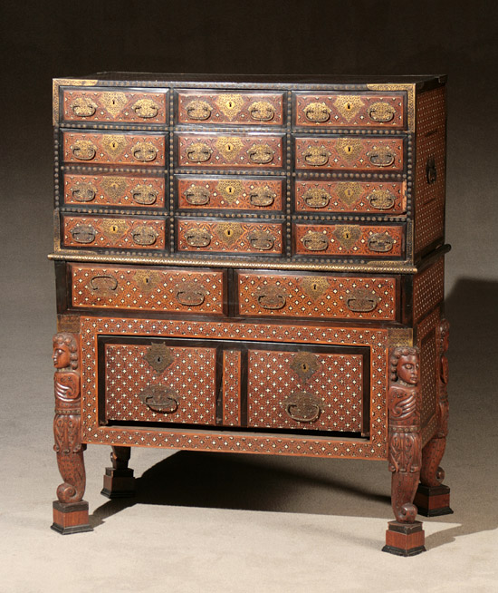 Appraisal: Anglo-Indian Brass Mounted Bone and Ebony Inlaid Hardwood Chest-on-Stand Late