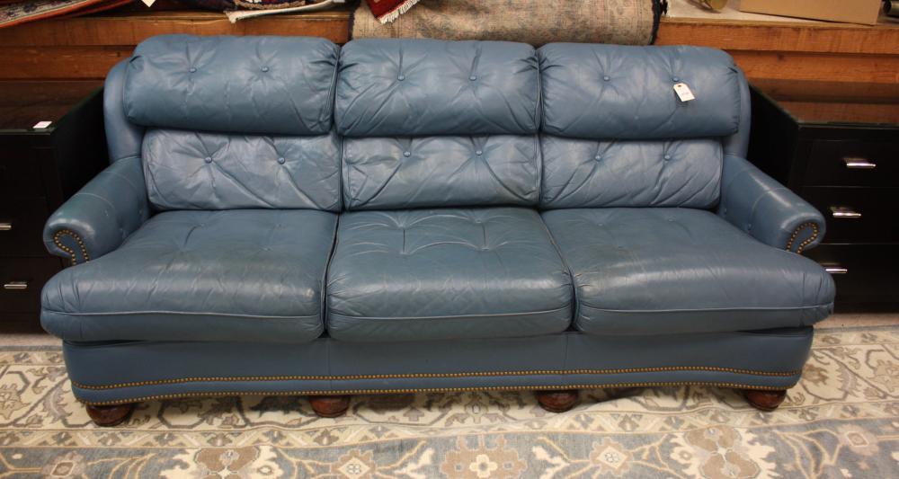 Appraisal: TRADITIONAL STYLE BLUE LEATHER SOFA Thomasville Furniture Co Conover NC