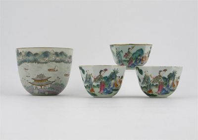 Appraisal: Three Chinese famille rose hexagonal bowls painted with figures in