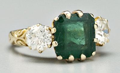 Appraisal: Emerald and diamond ring one square faceted emerald estimated weight