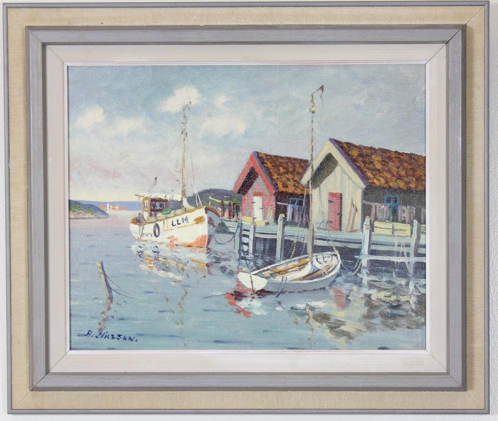 Appraisal: A NILSSON th century oil on canvas boats at dock