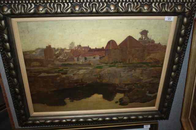 Appraisal: th Century French SchoolRiver landscape with buildings oils on boards