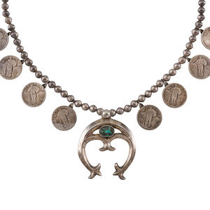 Appraisal: Navajo Silver Coin and Turquoise Squash Blossom Necklace third quarter