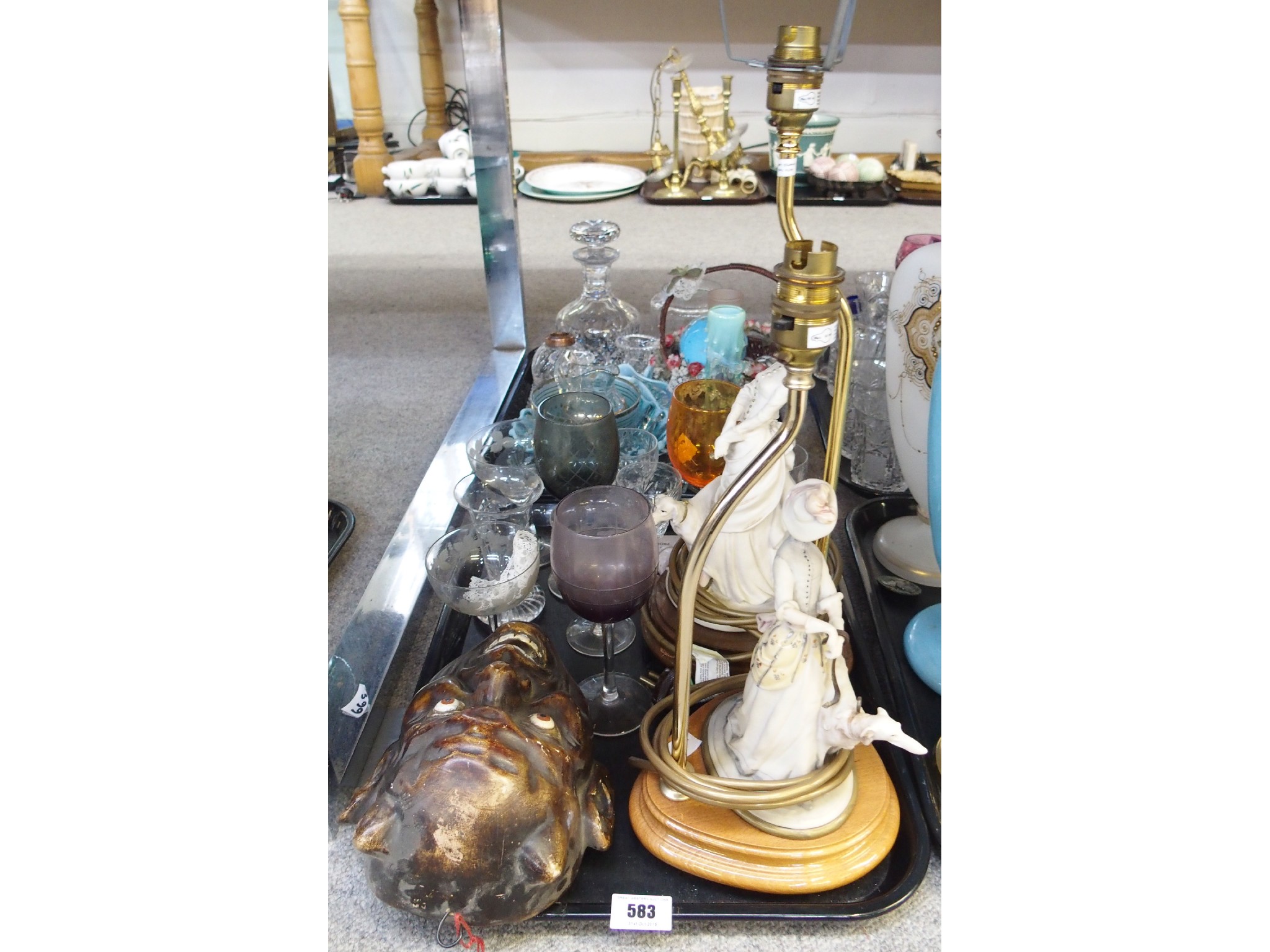 Appraisal: Tray comprising pair of figural lamps glass stemware and a