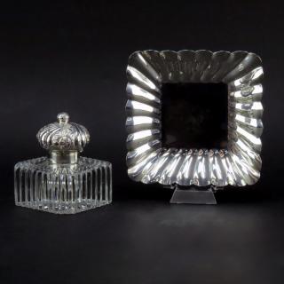 Appraisal: th Century Sterling and Glass Inkwell and Tray th Century