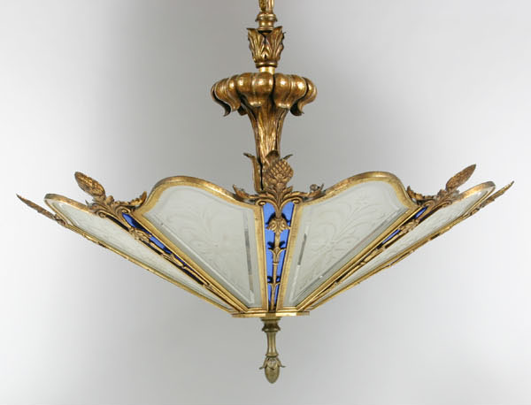 Appraisal: French Art Deco plafonnier hanging chandelier with cobalt and etched