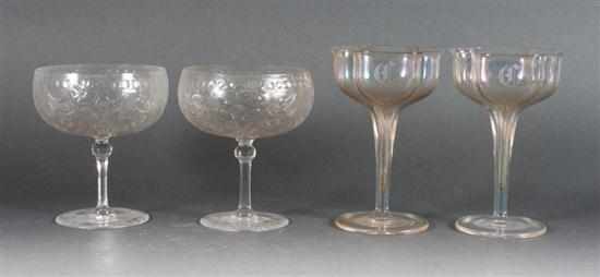 Appraisal: opalescent glass shaped wine stems and etched crystal sherbets Estimate