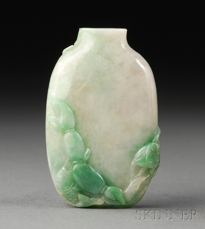 Appraisal: Jade Snuff Bottle pale green with areas of brilliant green