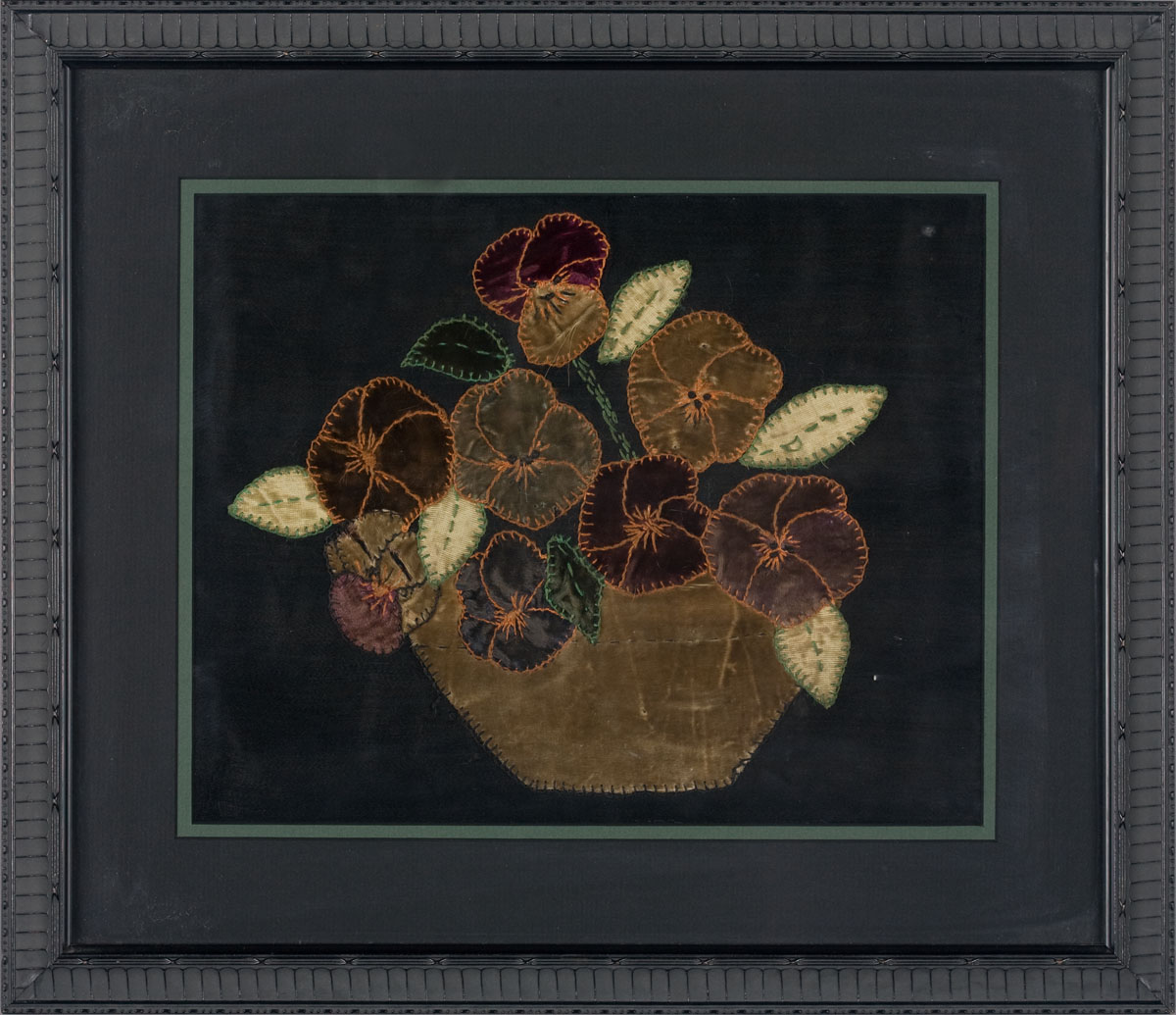 Appraisal: VELVET NEEDLEWORK APPLIQUE PICTURE OF A VASE OF PANSIES Worked