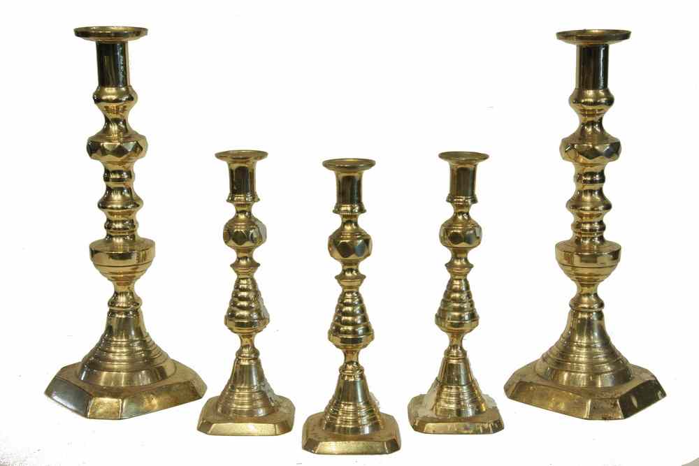 Appraisal: PAIR SINGLE BRASS CANDLESTICKS - th c English Brass Pushup