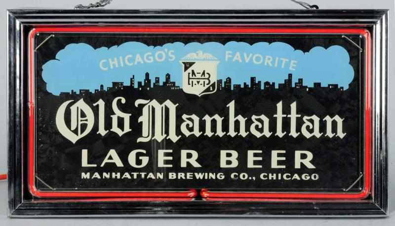 Appraisal: Old Manhattan Lager Beer Reverse Glass Sign Manufactured by Neon