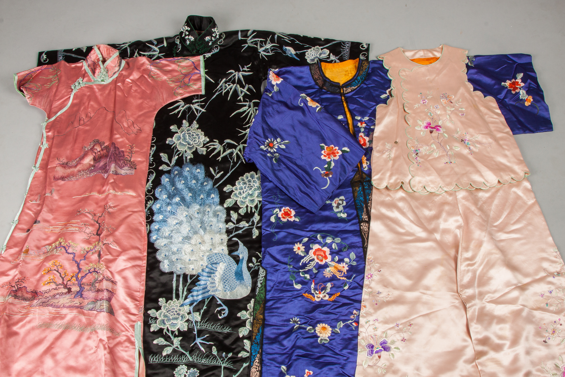 Appraisal: Chinese Silk Robes Together with silk bedcover pillow shams