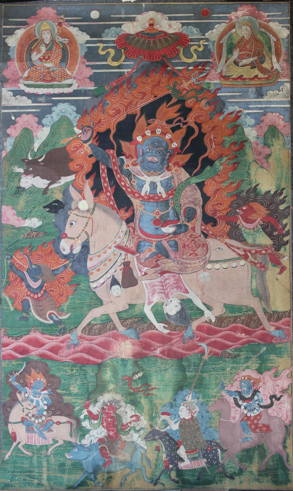 Appraisal: SINO-TIBETAN THANGKA depicting a black deity whose crown is hung