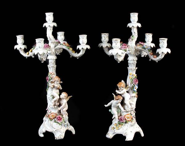 Appraisal: A pair of German porcelain five light candelabra height in