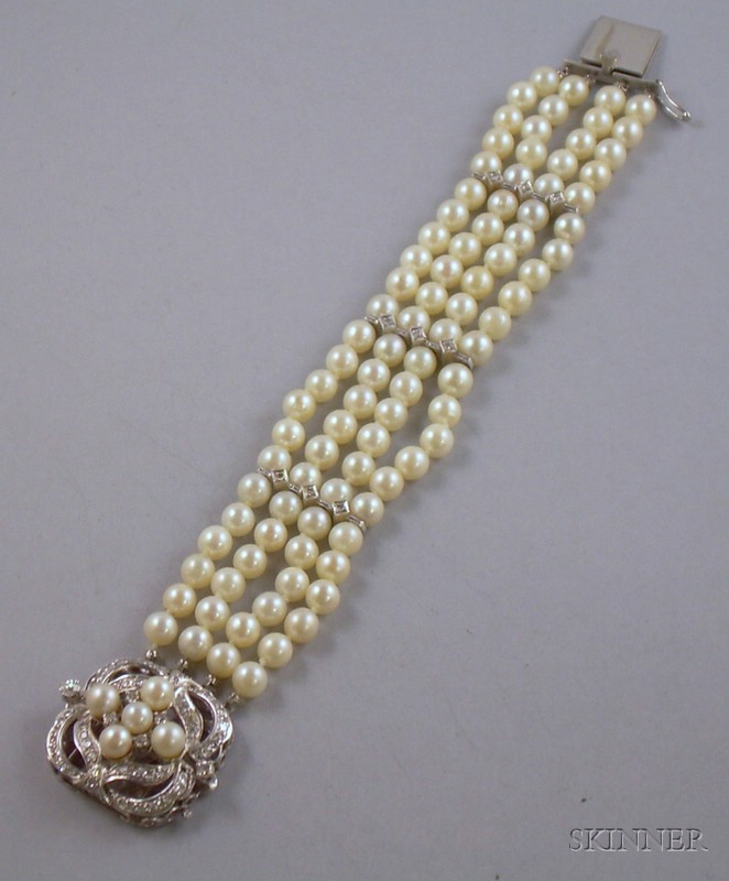 Appraisal: Quadruple-strand Pearl Bracelet with kt White Gold and Diamond Clasp