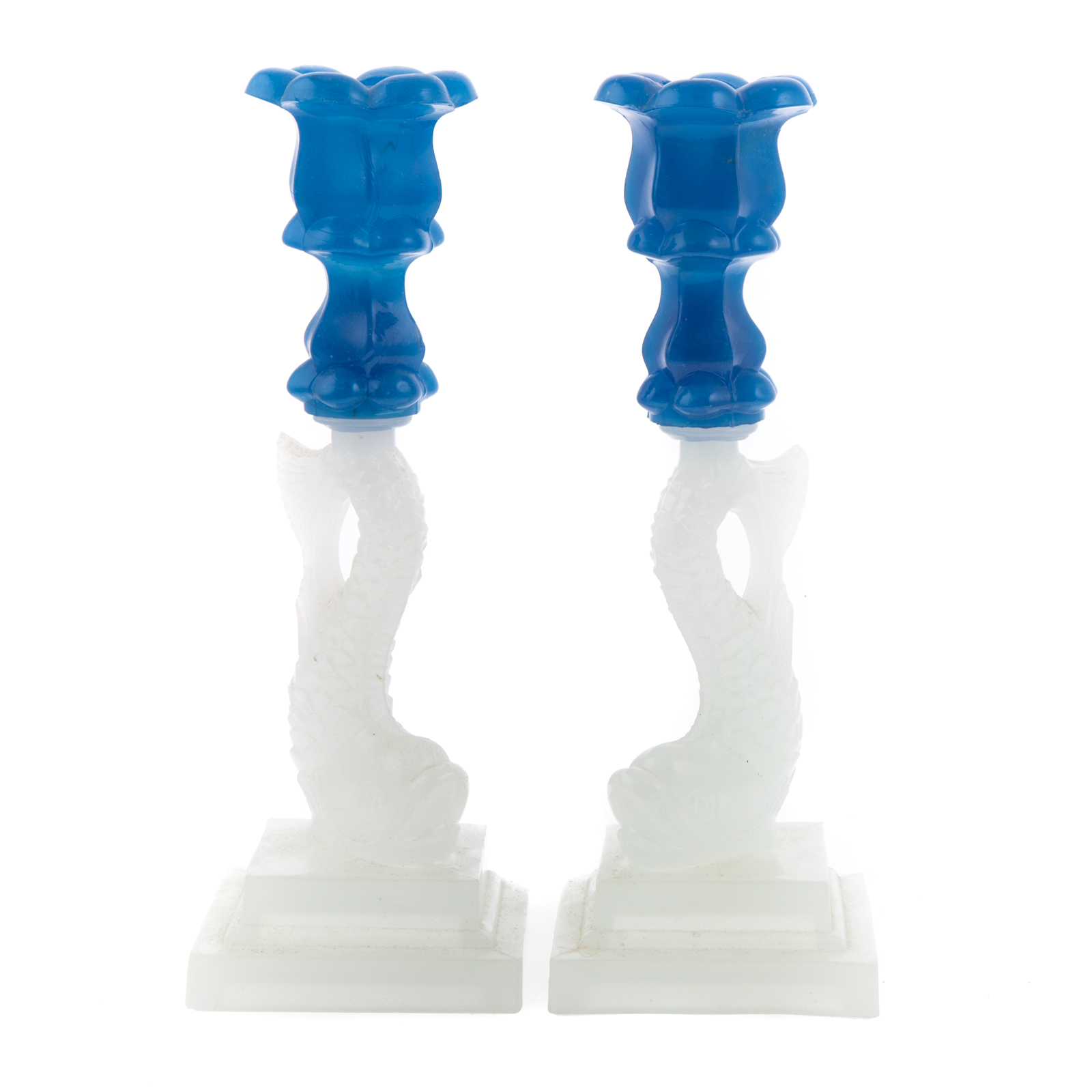 Appraisal: PR BOSTON SANDWICH GLASS TWO COLOR CANDLESTICKS Circa - blue