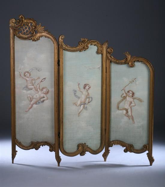 Appraisal: LOUIS XV-STYLE CARVED AND GILT-WOOD PAINTED THREE-FOLD FLOOR SCREEN th