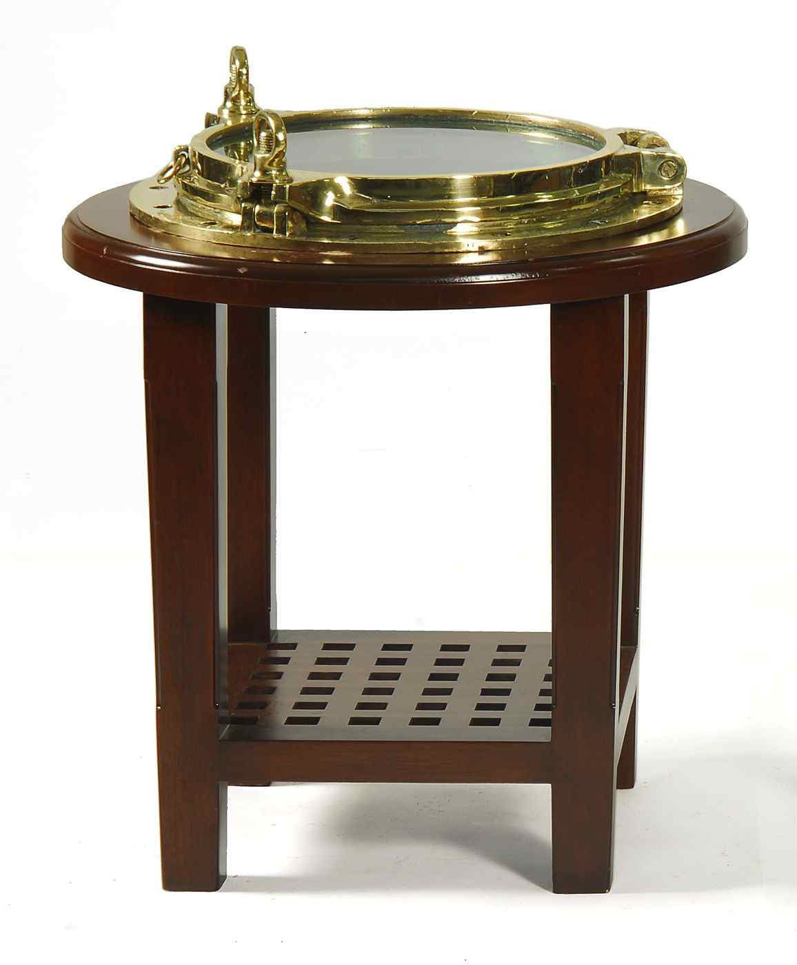 Appraisal: WOOD AND BRASS SHIP'S PORTHOLE COFFEE TABLE th CenturySolid brass