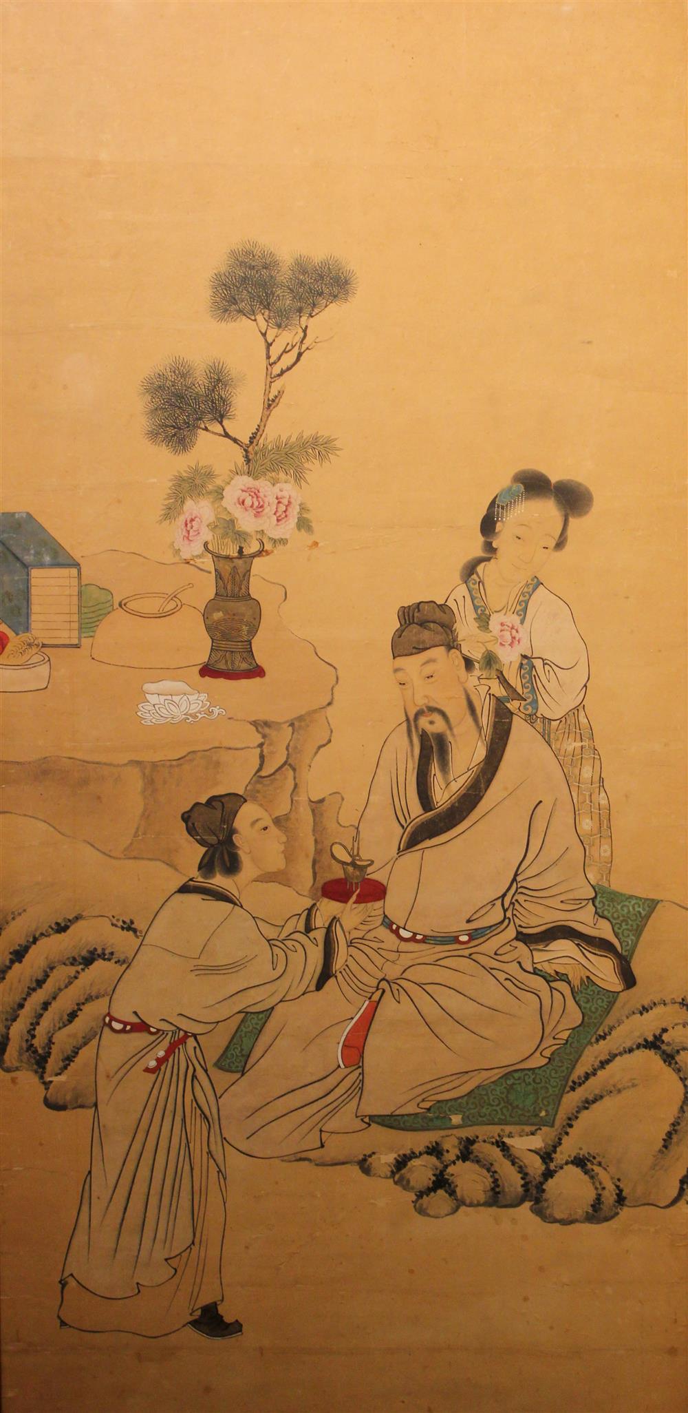 Appraisal: CHINESE PAINTING OF A SCHOLAR HIS LADY AND AN ATTENDANT