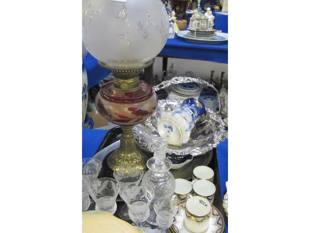 Appraisal: Tray lot to include paraffin lamps crystal glass paragon cups