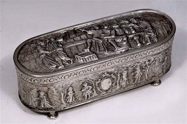 Appraisal: A TH CENTURY DUTCH SILVER TOBACCO BOX with chased scenes