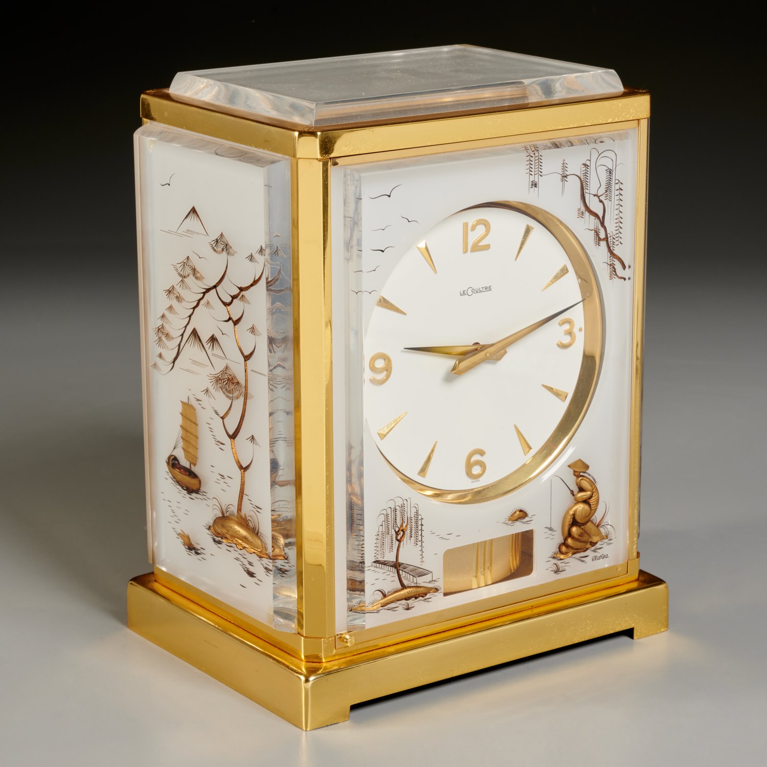 Appraisal: JAEGER-LECOULTRE CHINOISERIE ATMOS CLOCK Mid th c gilt brass frame