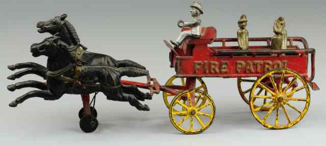 Appraisal: WILKINS HORSE DRAWN FIRE PATROL Cast iron red open wagon