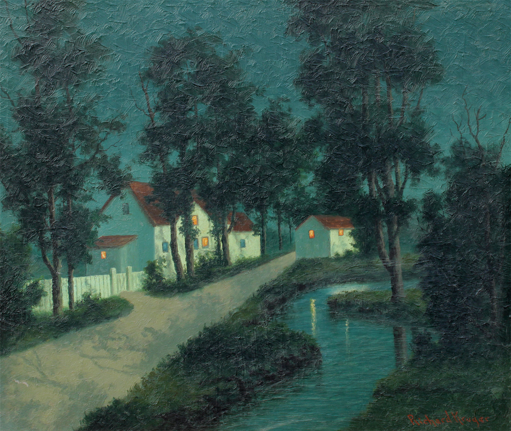 Appraisal: KRUGER Richard American - Nocturnal Village with Stream Oil Masonite