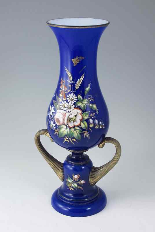 Appraisal: VICTORIAN ENAMELED GLASS VASE Cased cobalt glass with elaborate floral