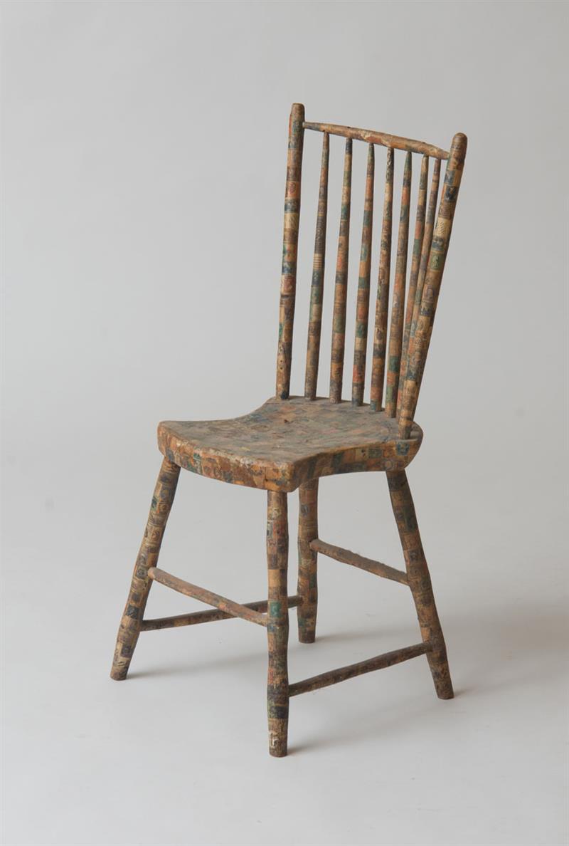 Appraisal: FOLK ART SPINDLE BACK CHAIR DECOUPAGED WITH STAMPS x x