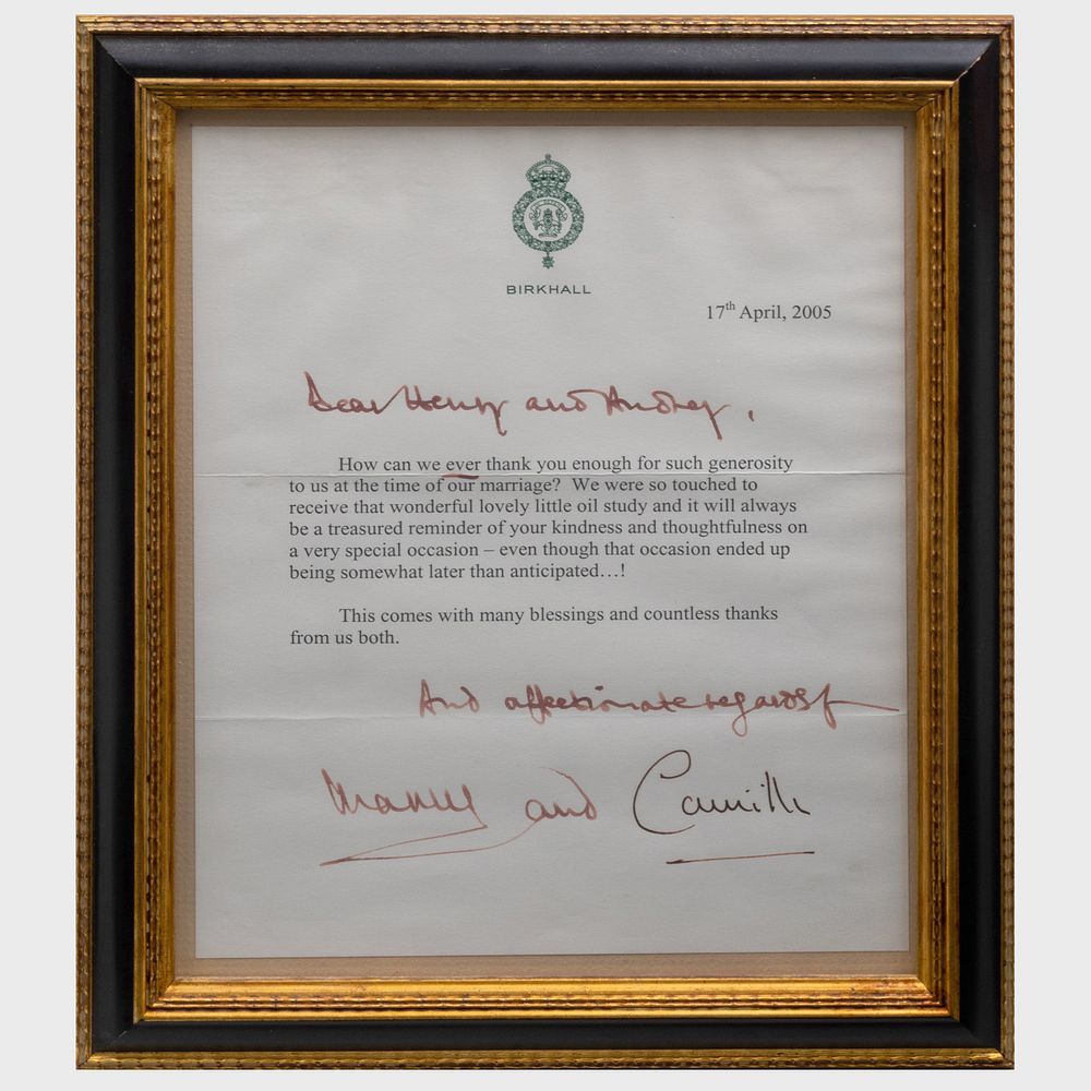 Appraisal: Framed Thank You Letter from Prince Charles and Camilla Duchess