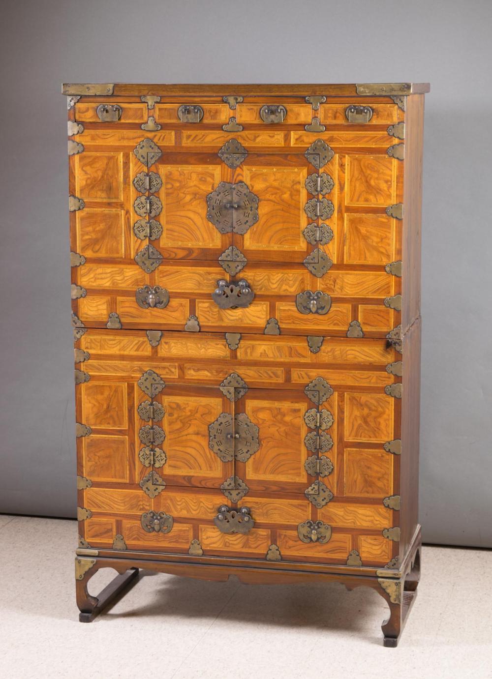 Appraisal: KOREAN TWO-STACK NONG CABINET cypress wood frame with burl panels