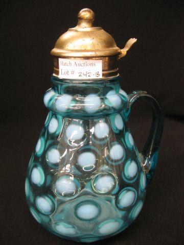 Appraisal: Victorian Blue Opalescent Art Glass Syrup Pitcher coin spot excellent