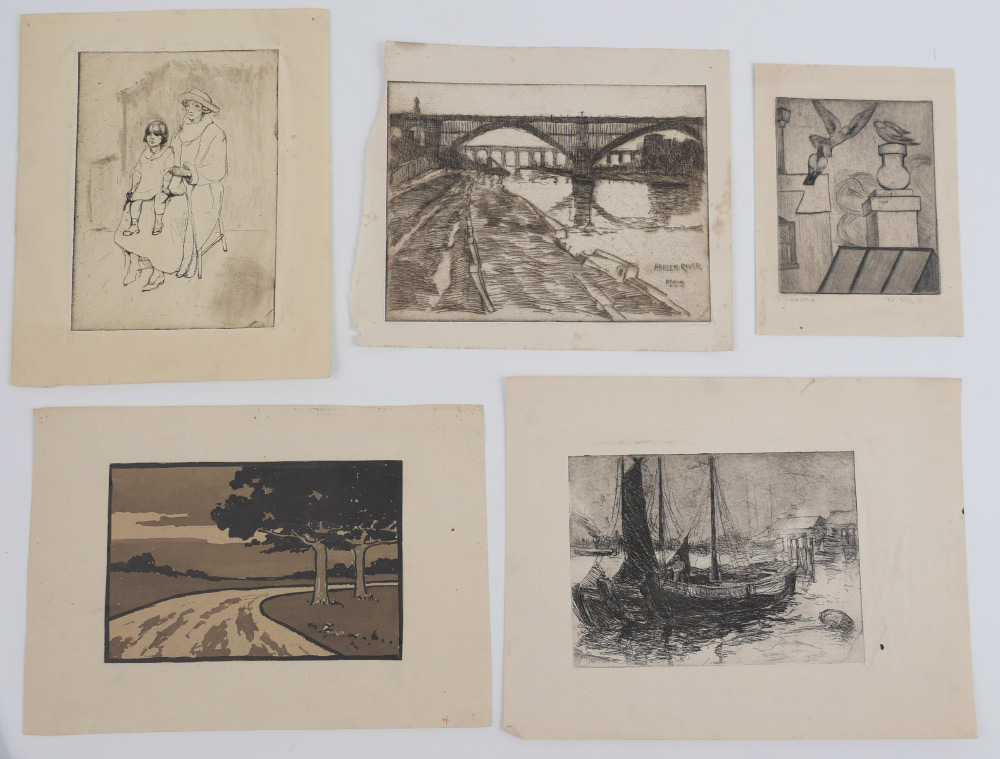 Appraisal: Pieces to include Dockside Scene Etching '' x '' with