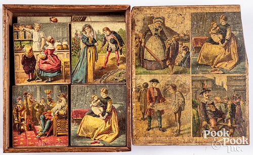 Appraisal: LITHOGRAPHED PAPER ON WOOD NURSERY RHYME TILE SETLithographed paper on