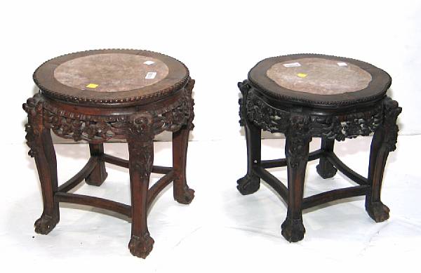 Appraisal: Two carved wood tables with marble-inset tops Late th Century