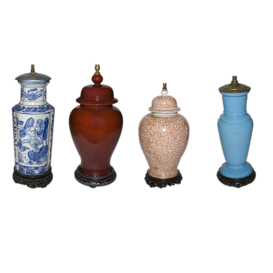 Appraisal: Group of Three Chinese Porcelain Lamps Together with a Glass