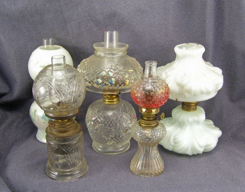 Appraisal: - Miniature Kerosene Lamps Includes Ostrich plume design milk glass