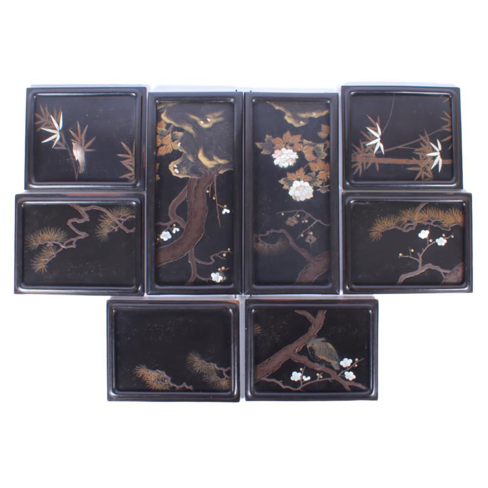 Appraisal: EIGHT JAPANESE BLACK LACQUER PANELS WITH MOTHER OF PEARL INLAY