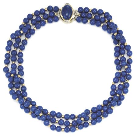 Appraisal: Triple Strand Lapis and Gold Bead Necklace with Gold Lapis