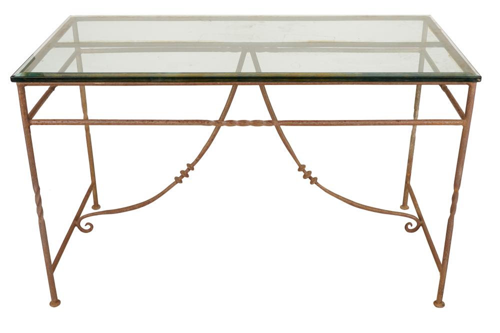 Appraisal: IRON GLASS PATIO TABLEthe rectangular top with beveled edge inches