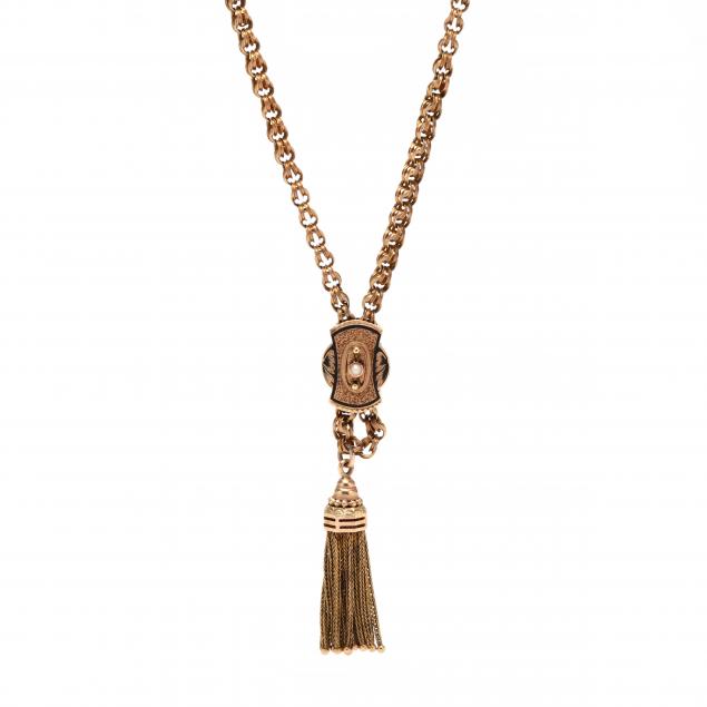 Appraisal: ANTIQUE GOLD SLIDE NECKLACE WITH TASSEL PENDANT The fancy link