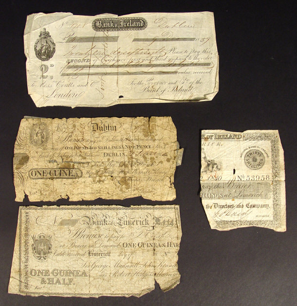 Appraisal: Three th century bank notes comprising a Bank of Ireland