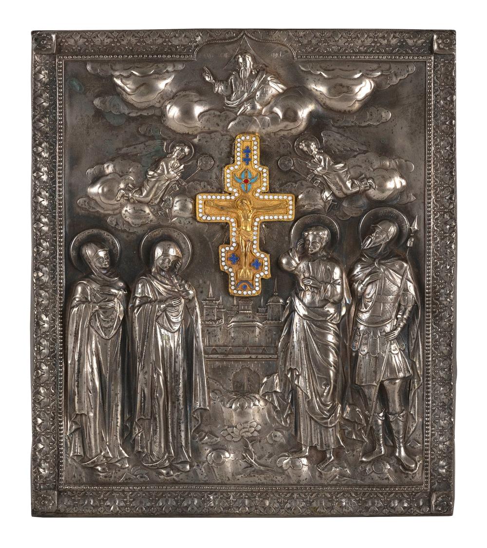 Appraisal: EASTERN ORTHODOX SILVER ICON OF FOUR SAINTS PROBABLY RUSSIA TH