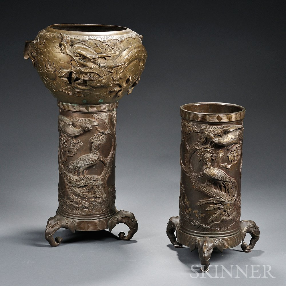 Appraisal: Bronze Jardiniere and Umbrella Stand China a jardiniere decorated with