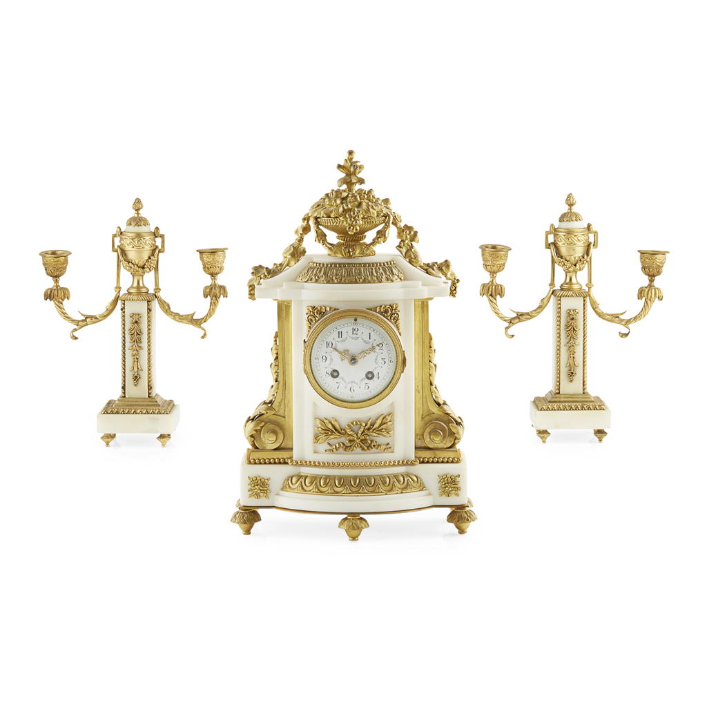 Appraisal: FRENCH WHITE MARBLE AND GILT BRONZE CLOCK GARNITURE LATE TH