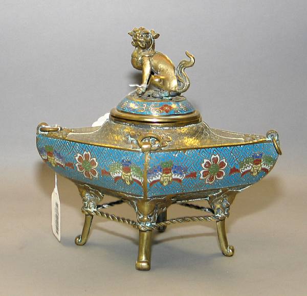 Appraisal: A champlev enameled metal covered censer Of diamond shape with