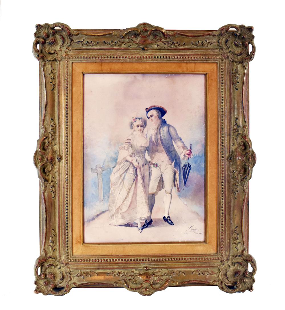 Appraisal: ITALIAN SCHOOL LATE TH CENTURY WATERCOLORElegant Couple Signed Riccardi Inscibed