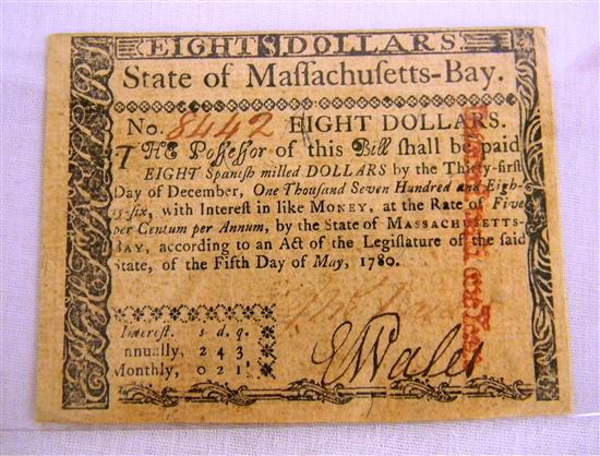 Appraisal: MA - Eight Dollar Note - Extremely Fine and a